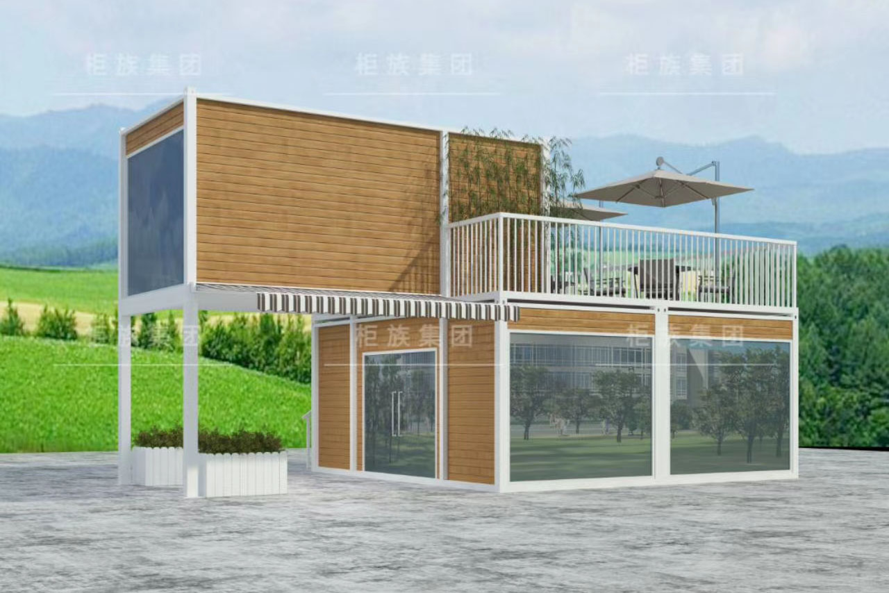 zweistöckiges Flatpack-Containerhaus mit Terrasse und Dekoration
